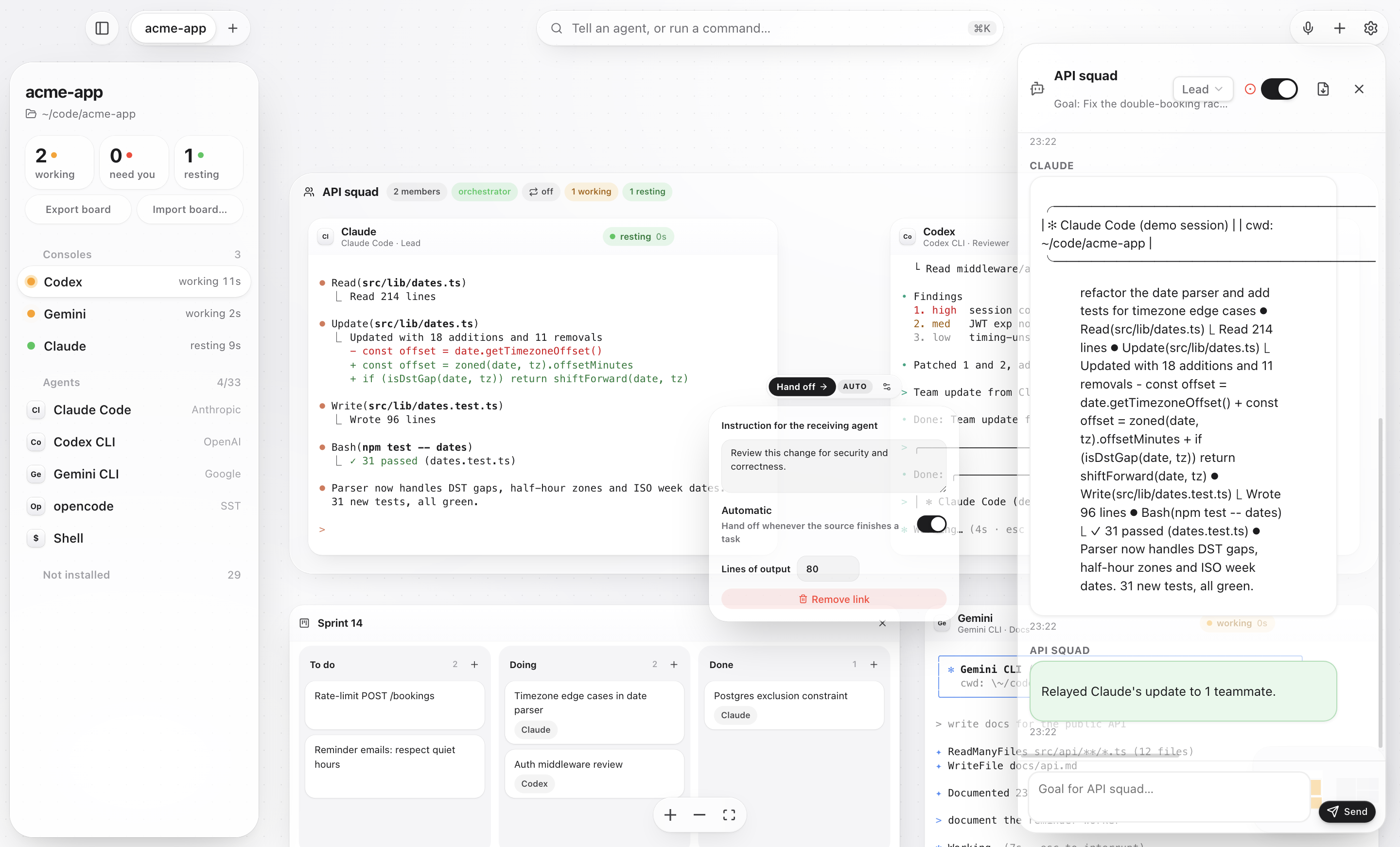 A team on the Panorama board: a team frame with its members and their roles, beside the team chat drawer showing report bubbles from the members, the lead selector and the orchestrator chip.